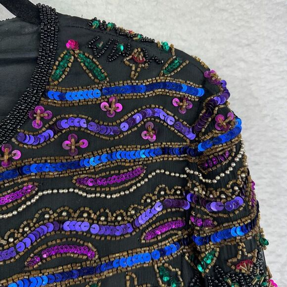 Papell Boutique Evening Vintage 100% Silk Beaded Sequin Jacket 14P Wedding Party - Picture 8 of 16